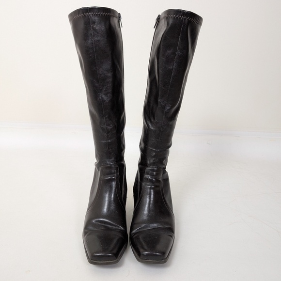 Pleather Calf Boots Square Toe Fitted Tight Faux Leather PVC - Picture 4 of 9